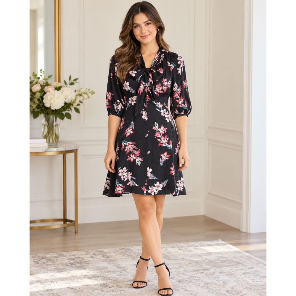 Rebecca Taylor Black Silk Fit & Flare Tie Dress – Short Sleeve – Size 4
